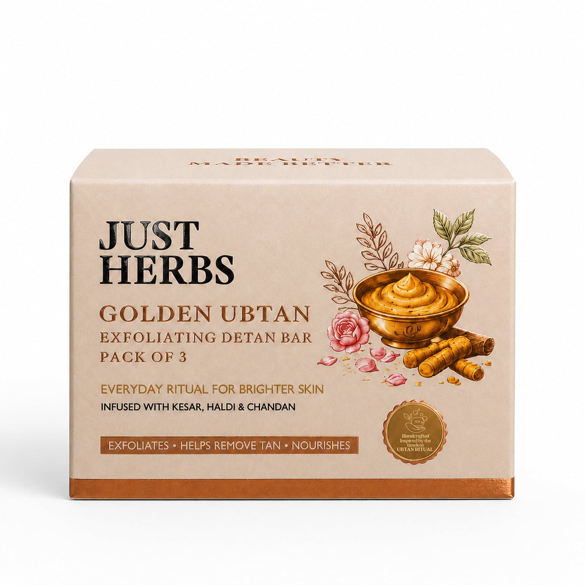 【Just Herbs】Golden Ubtan Exfoliating Detan Bar (Pack of 3)｜ゴールデン ウブタン エクスフォリエイティング デタン バー 3 個セット｜75g×3