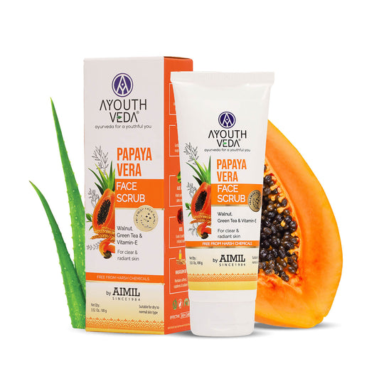 Papaya Vera Face Scrub with Walnut, Green Tea & Vitamin E | Gently Exfoliates, Unclogs Pores & Brightens Skin | Suitable for Dry to Normal Skin Types| 100g 100g