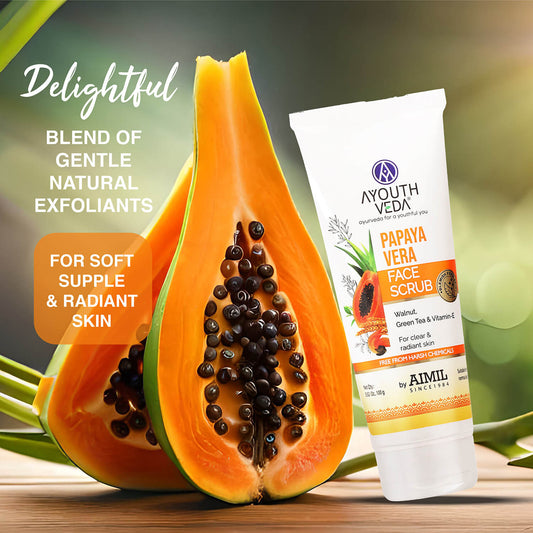 Papaya Vera Face Scrub with Walnut, Green Tea & Vitamin E | Gently Exfoliates, Unclogs Pores & Brightens Skin | Suitable for Dry to Normal Skin Types| 100g 100g