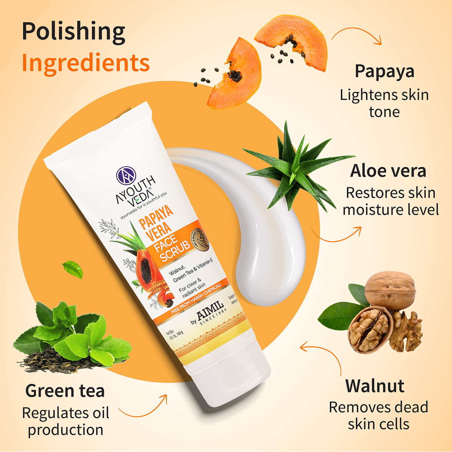 Papaya Vera Face Scrub with Walnut, Green Tea & Vitamin E | Gently Exfoliates, Unclogs Pores & Brightens Skin | Suitable for Dry to Normal Skin Types| 100g 100g