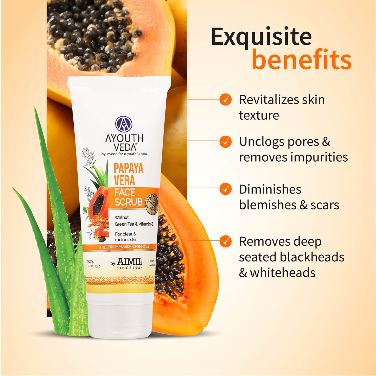 Papaya Vera Face Scrub with Walnut, Green Tea & Vitamin E | Gently Exfoliates, Unclogs Pores & Brightens Skin | Suitable for Dry to Normal Skin Types| 100g 100g
