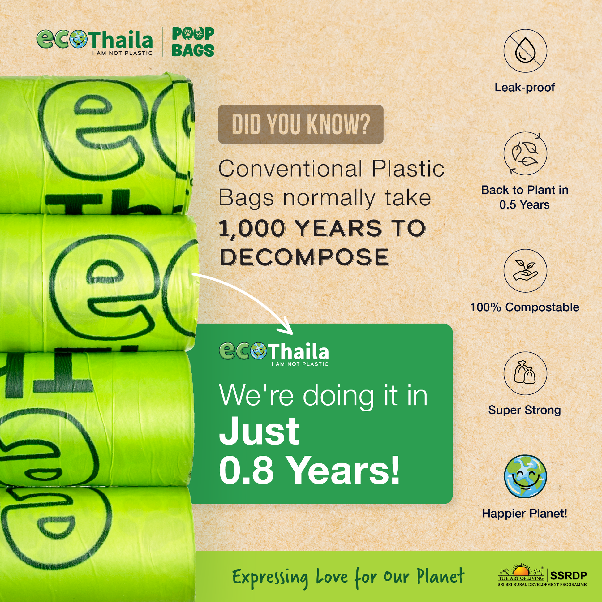 Eco Thaila - Compostable Poop Bags for Dogs & Cats | 120 Bags (8 Rolls, 15 bags each) | 9 x 13 Inches | Biodegradable & Eco-Friendly 100g