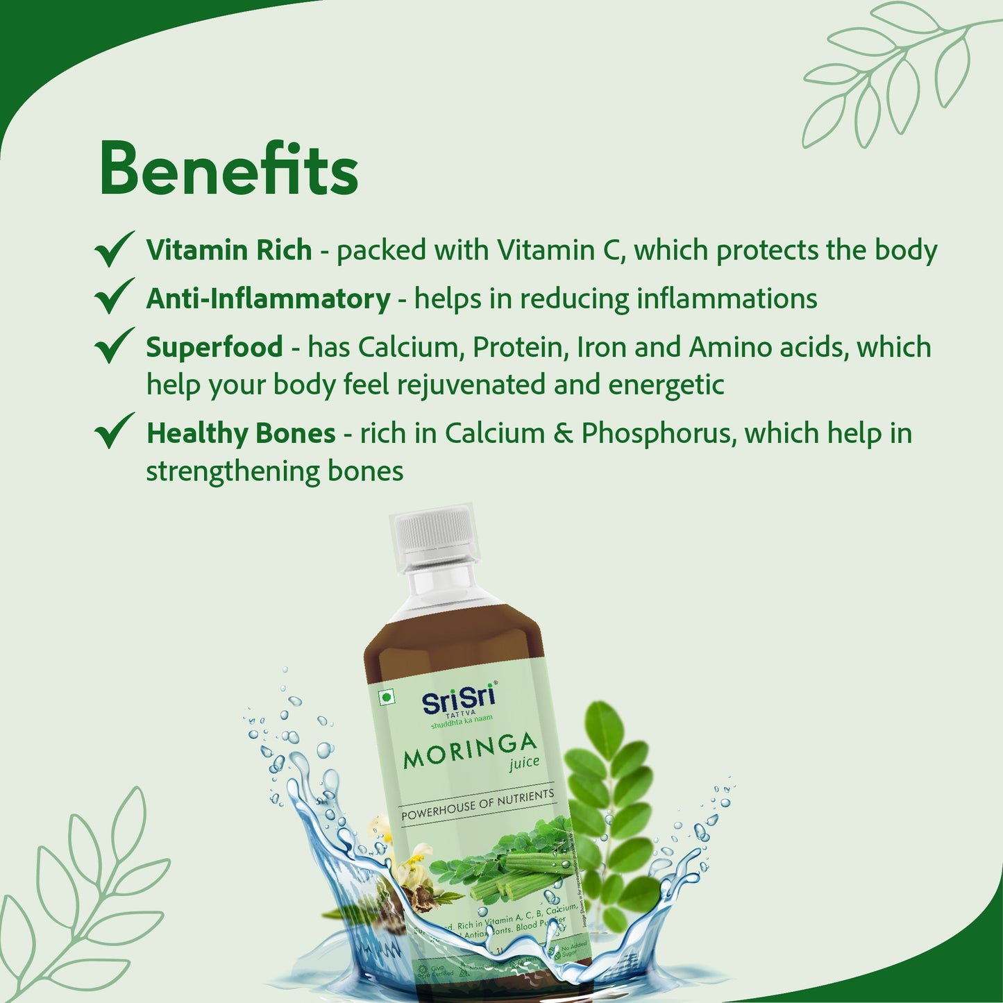 Moringa Juice - Powerhouse Of Nutrients | Superfood, Rich In Vitamin A,C,B, Calcium, Iron And Antioxidants, Blood Purifier | 1 L 1L