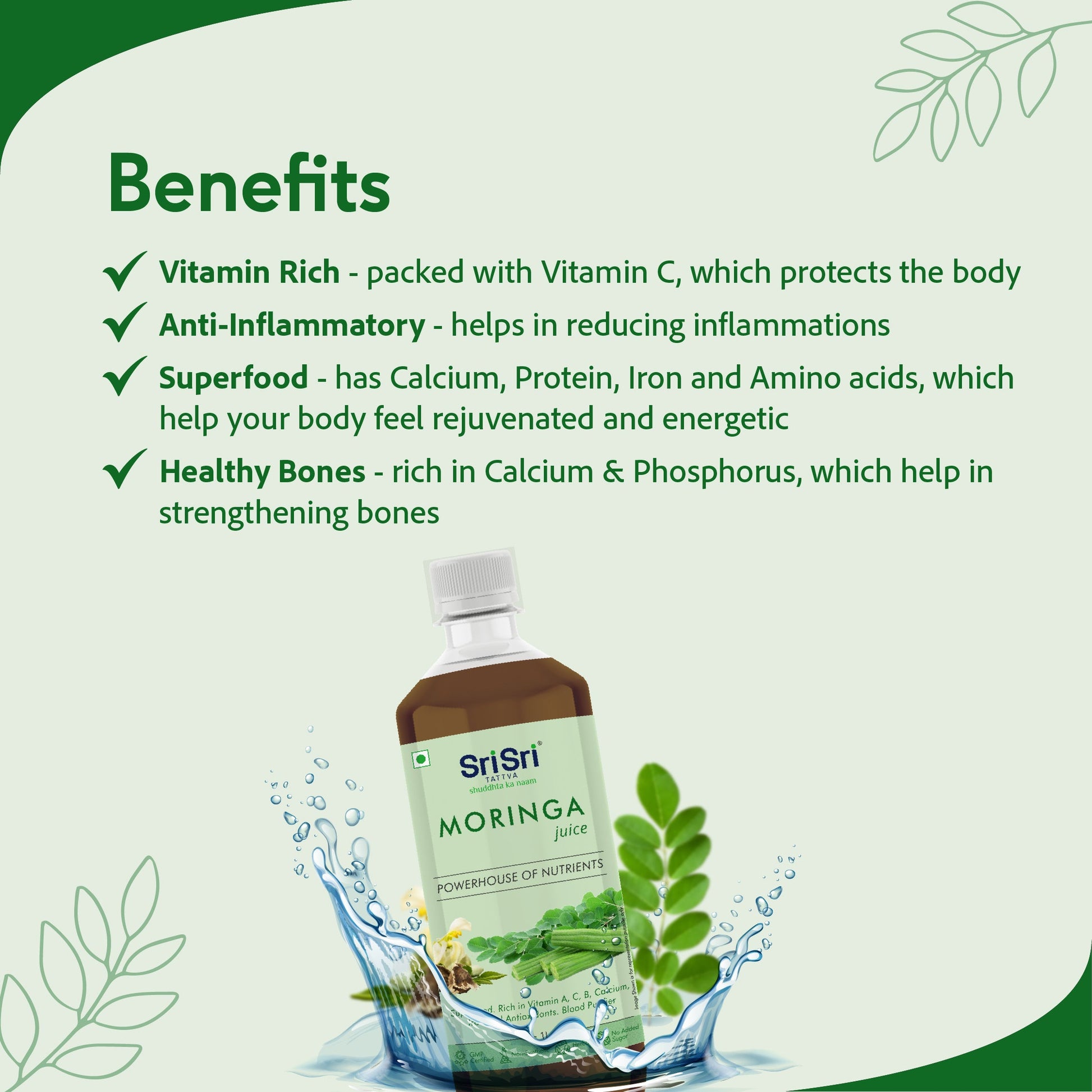 Moringa Juice - Powerhouse Of Nutrients | Superfood, Rich In Vitamin A,C,B, Calcium, Iron And Antioxidants, Blood Purifier | 1 L 1L