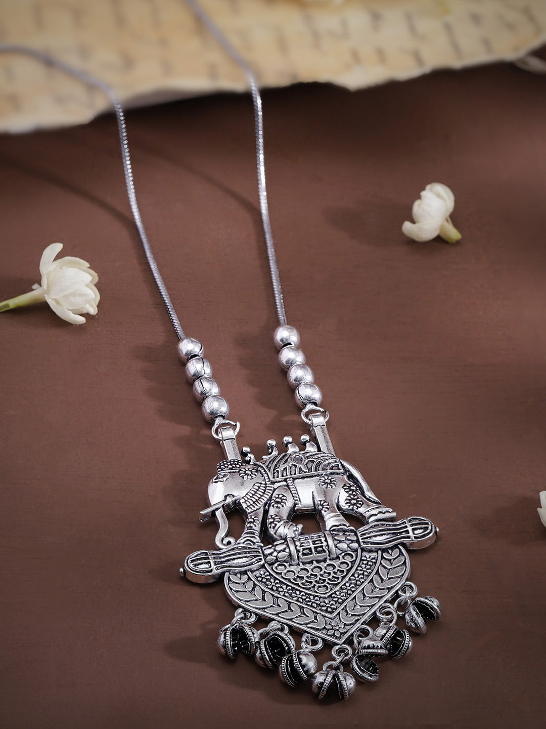 Rubans Silver Oxidised Handcrafted Elephant Pendant Necklace Silver