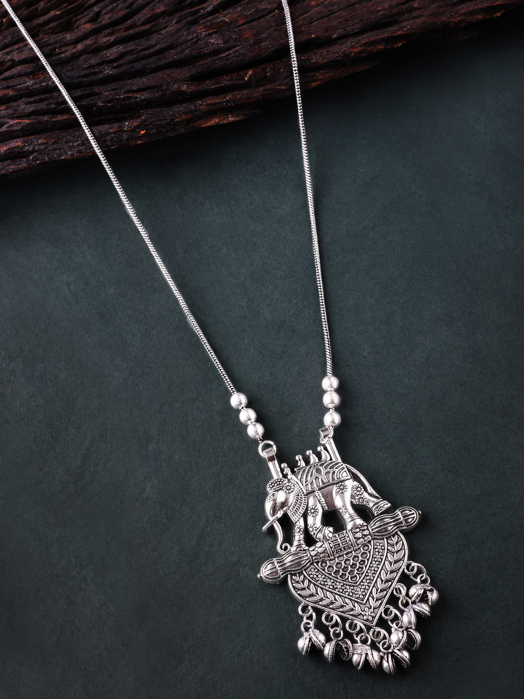 Rubans Silver Oxidised Handcrafted Elephant Pendant Necklace Silver