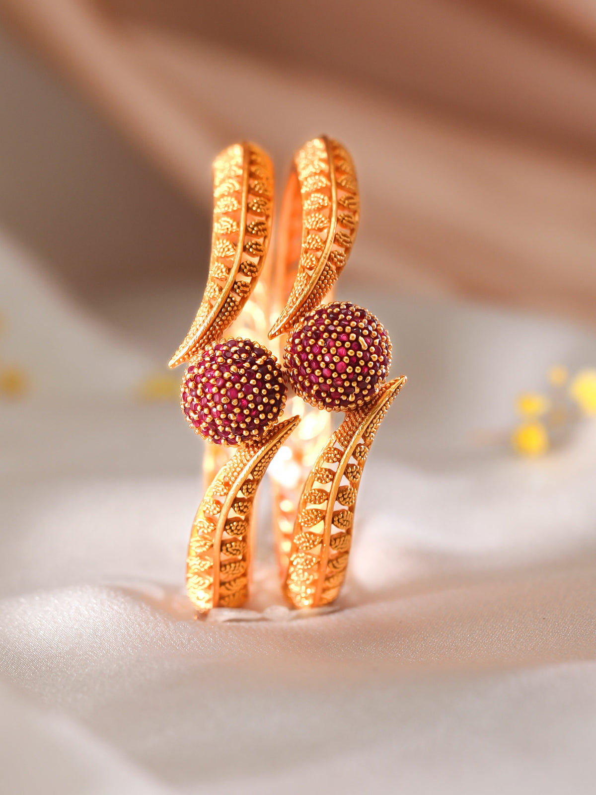 Rubans Set of 2 18K Gold Plated Ruby Studded Geru Polish Finish Traditional Bangles 2.10 - Extra Large