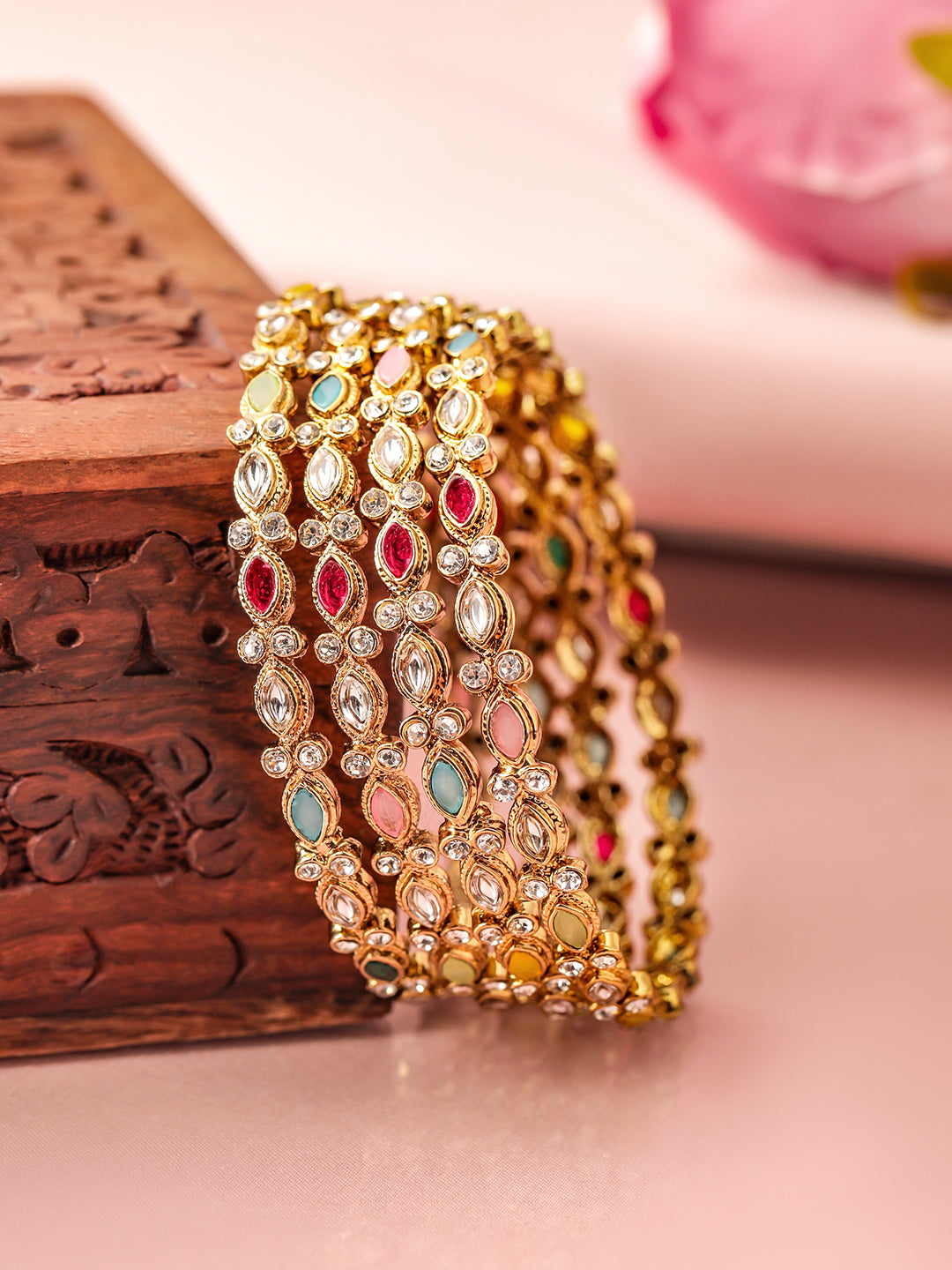 Rubans Set of 4 18K Mehandi Gold-Plated Multicolor Kundan & Gemstone Studded Bangles 2.4 - Small