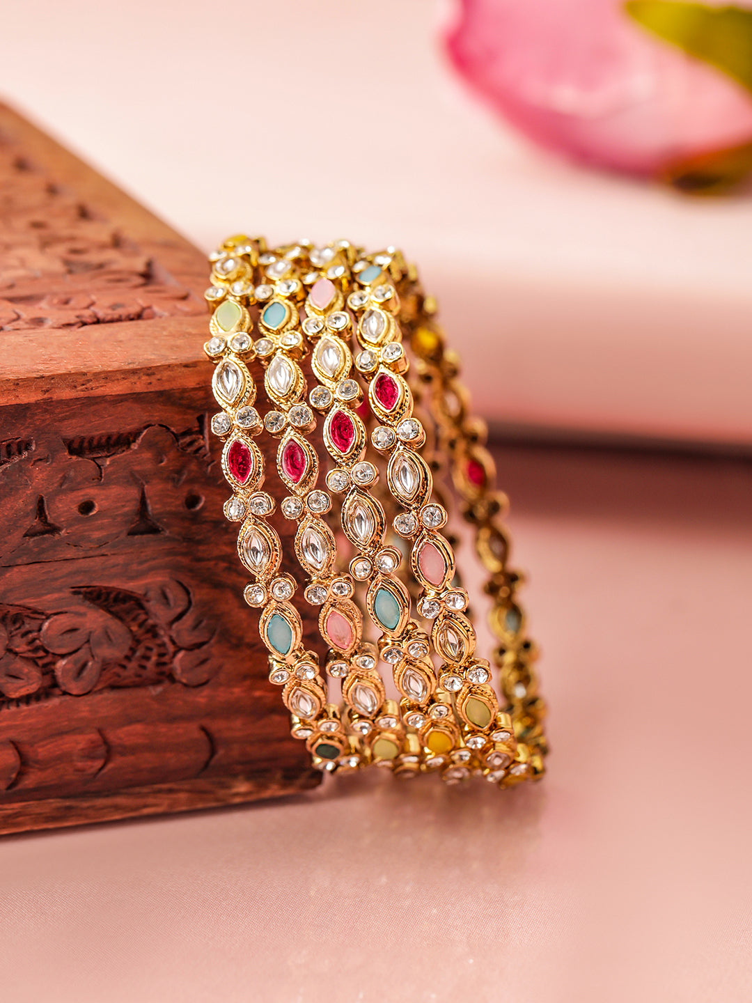 Rubans Set of 4 18K Mehandi Gold-Plated Multicolor Kundan & Gemstone Studded Bangles 2.6 - Medium