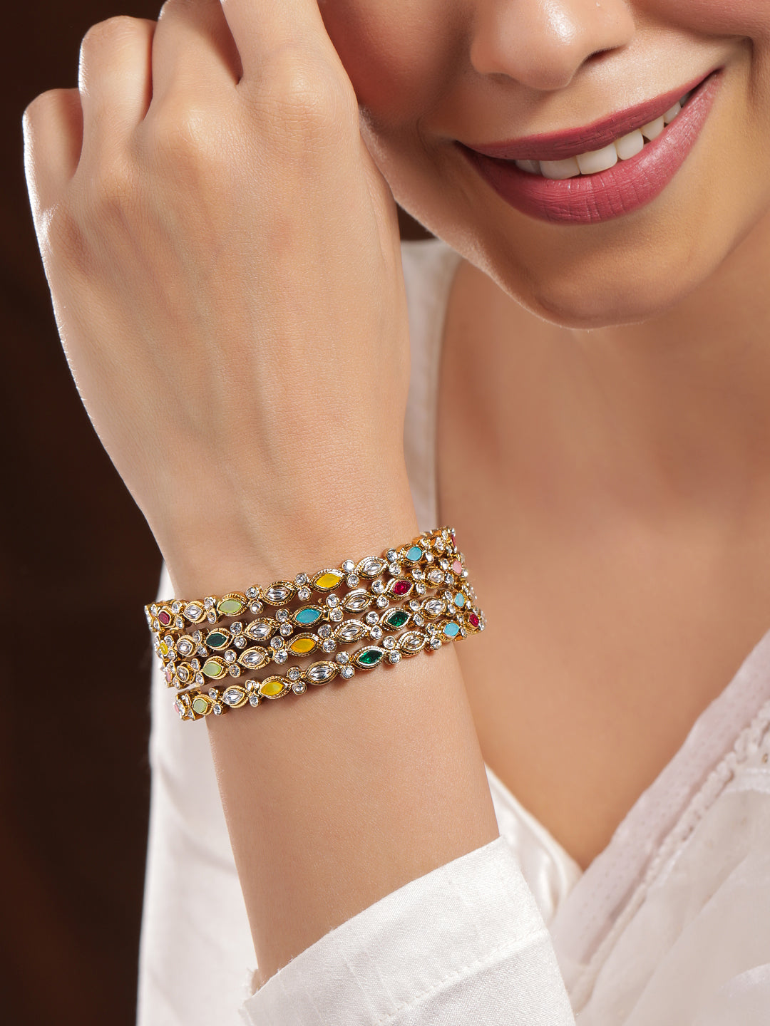 Rubans Set of 4 18K Mehandi Gold-Plated Multicolor Kundan & Gemstone Studded Bangles 2.6 - Medium