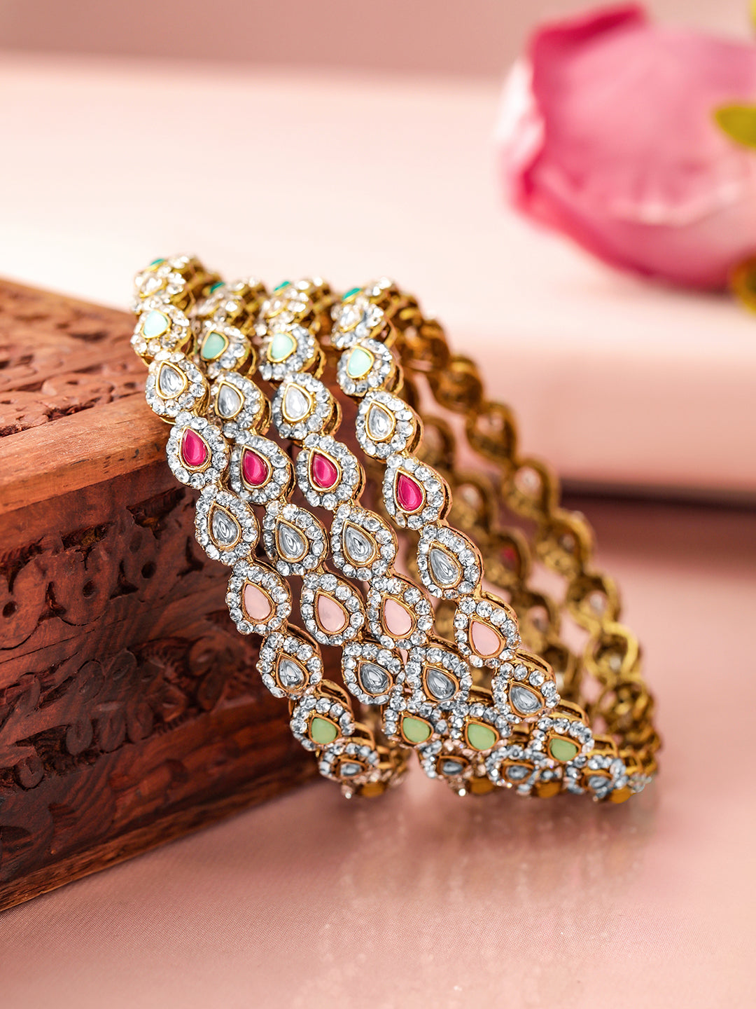 Rubans18K Mehandi Gold-Plated Multicolor Kundan and Cubic Zirconia Studed Bangles 2.4 - Small