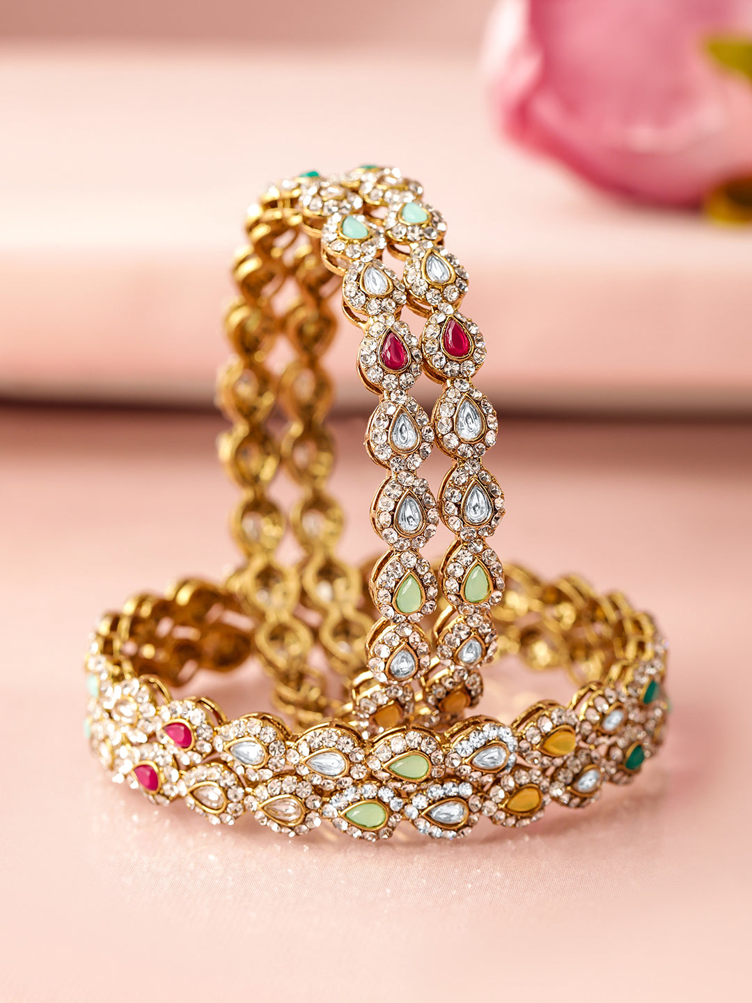 Rubans18K Mehandi Gold-Plated Multicolor Kundan and Cubic Zirconia Studed Bangles 2.4 - Small