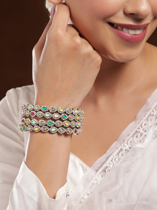 Rubans18K Mehandi Gold-Plated Multicolor Kundan and Cubic Zirconia Studed Bangles 2.8 - Large