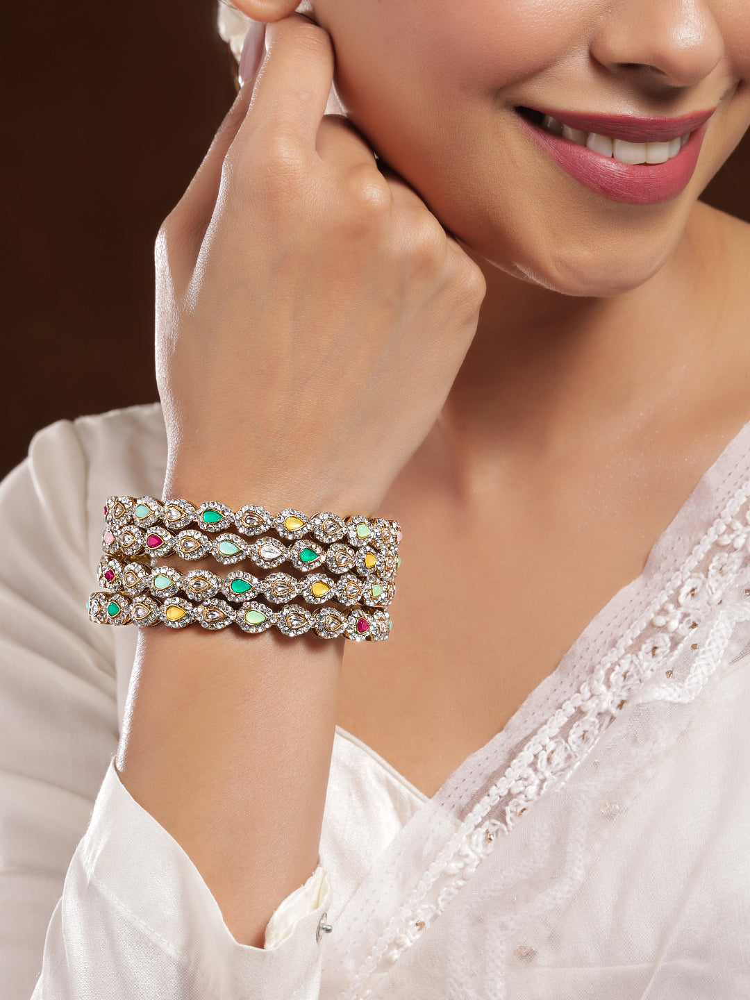 Rubans18K Mehandi Gold-Plated Multicolor Kundan and Cubic Zirconia Studed Bangles 2.4 - Small