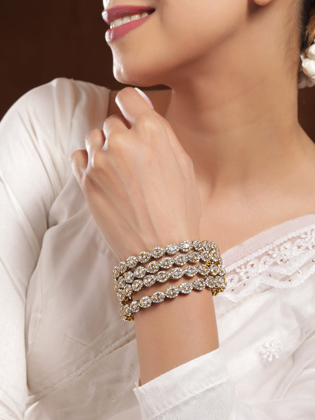 Rubans Set of 4 18K Mehandi Gold-Plated Kundan & Cubic Zirconia Studded Handcrafted Bangle 2.4 - Small
