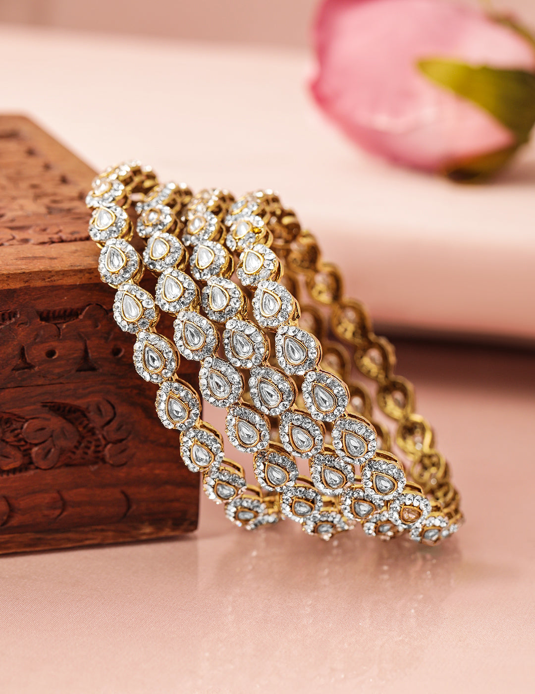 Rubans Set of 4 18K Mehandi Gold-Plated Kundan & Cubic Zirconia Studded Handcrafted Bangle 2.4 - Small