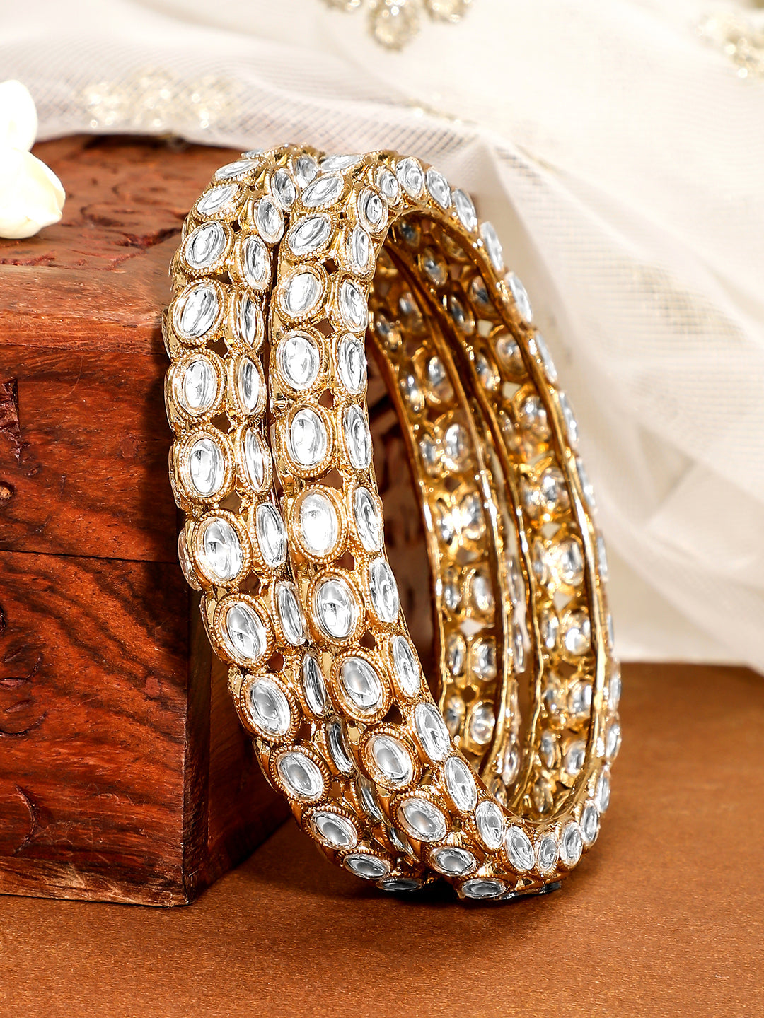 Rubans Set of 2, 18K Gold-Plated Kundan Studded Handcrafted Traditional Bangles 2.4 - Small / Gold
