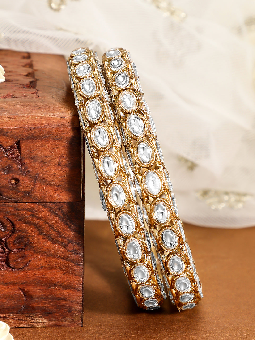 Rubans Set of 2, 18K Gold-Plated Kundan Studded Handcrafted Traditional Bangles 2.4 - Small / Silver