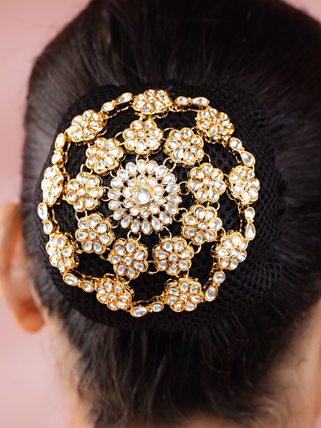 【Rubans】 Gold-Plated White Kundan Floral Hair Bun Cover｜ゴールドメッキ ホワイトクンダン フローラル ヘアバンカバー（お団子飾り）