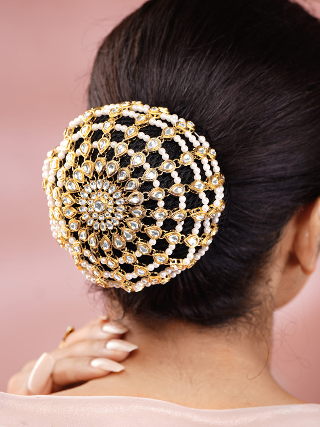 【Rubans】 Gold-Plated White Kundan & Pearl Beaded Hair Bun Cover｜ゴールドメッキ ホワイトクンダン＆パールビーズ ヘアバンカバー（お団子飾り）