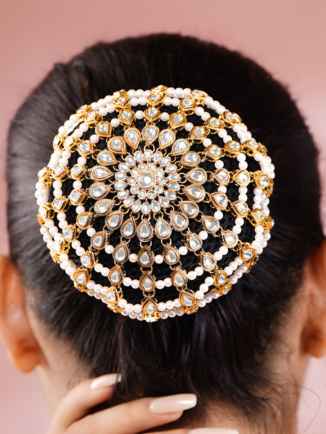 【Rubans】 Gold-Plated White Kundan & Pearl Beaded Hair Bun Cover｜ゴールドメッキ ホワイトクンダン＆パールビーズ ヘアバンカバー（お団子飾り）