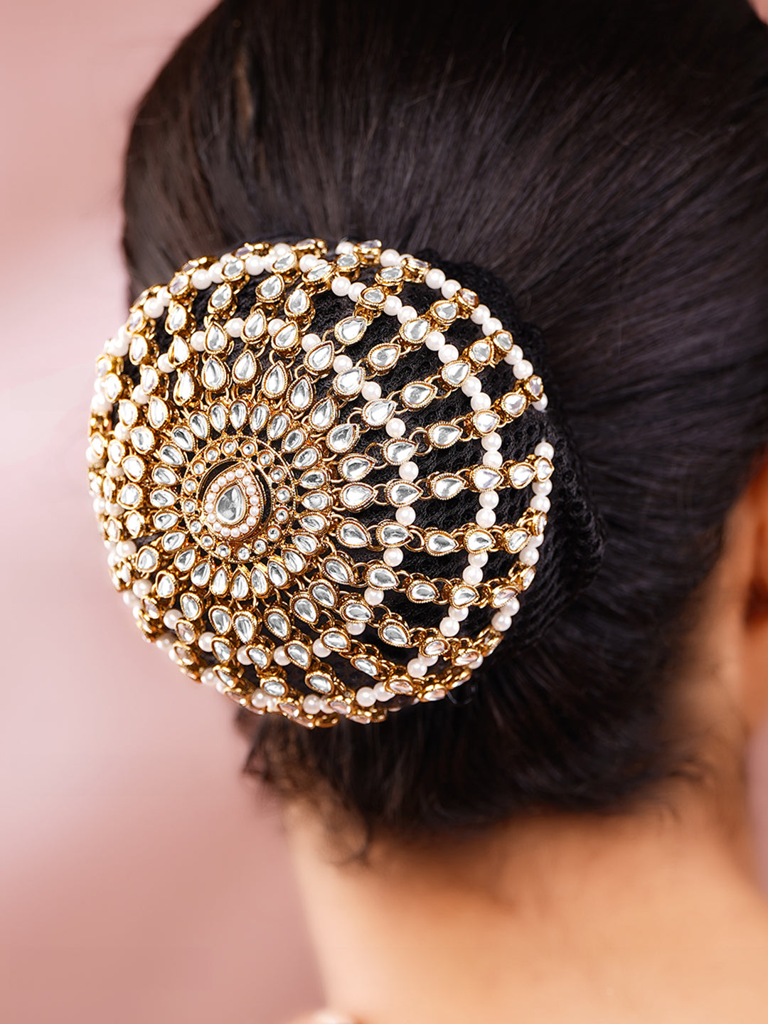 【Rubans】 Gold-Plated White Kundan Hair Bun Cover｜ゴールドメッキ ホワイトクンダン ヘアバンカバー（お団子飾り）