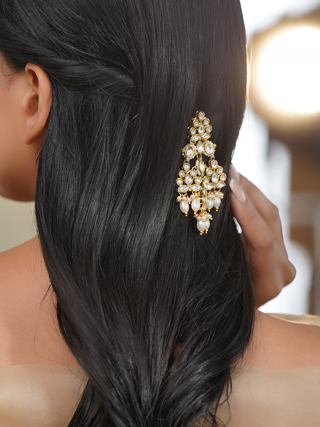 Rubans 18K Gold Plated Brass Kundan Pearl Beaded Hair Clip Accessory フリーサイズ