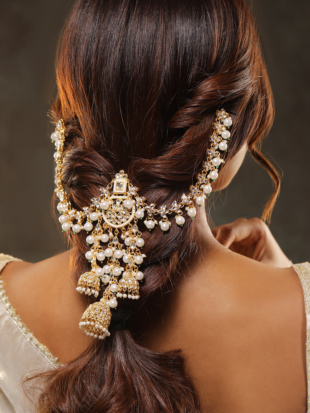 Dazzling Kundan Pearl Hair Brooch Gold