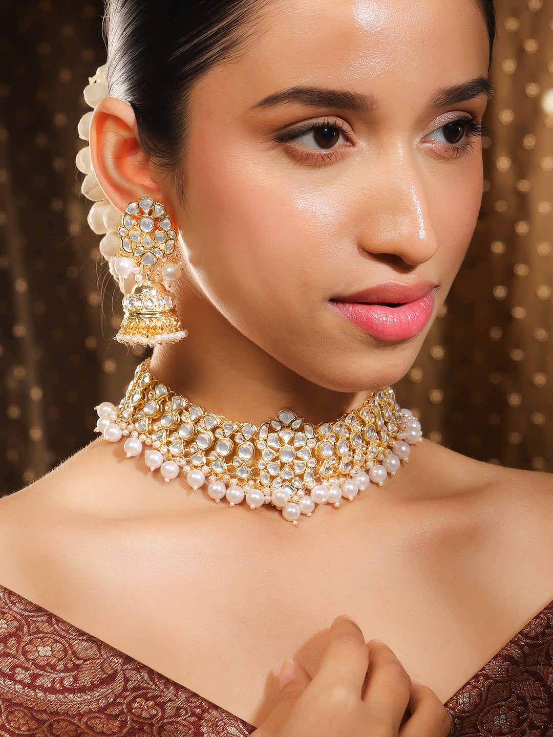 Rubans Gold Plated Festive Kundan Necklace Set Gold