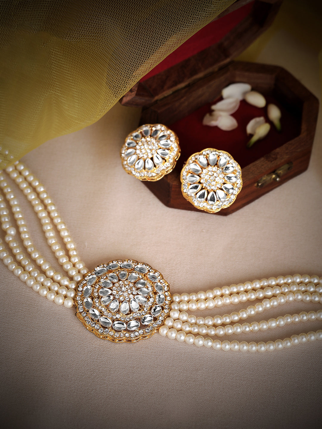 Rubans Gold Plated Elegant Kundan Choker Set With White Beads. Gold