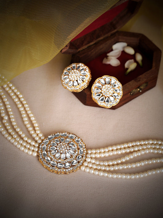 Rubans Gold Plated Elegant Kundan Choker Set With White Beads. Gold