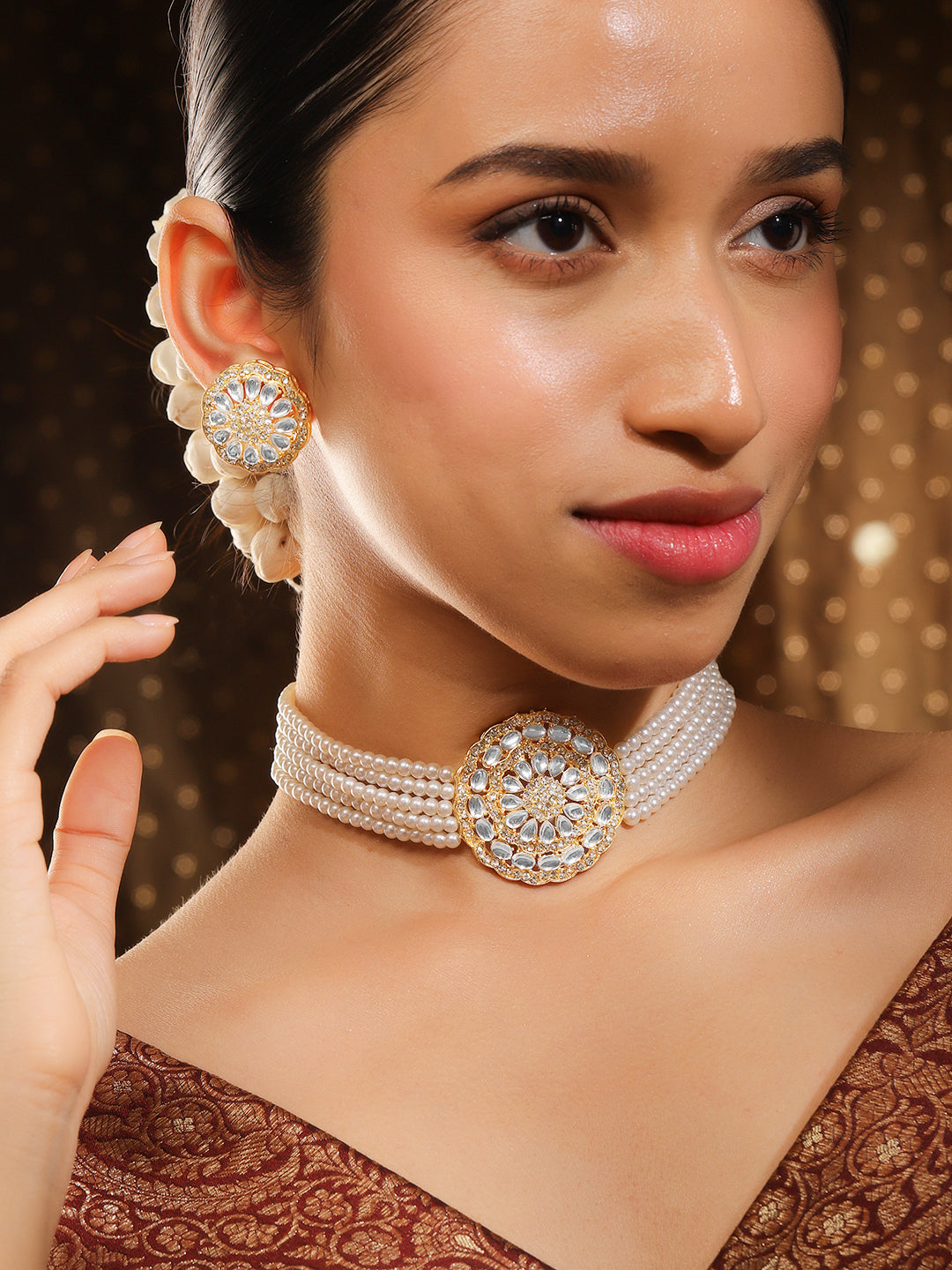 Rubans Gold Plated Elegant Kundan Choker Set With White Beads. Gold