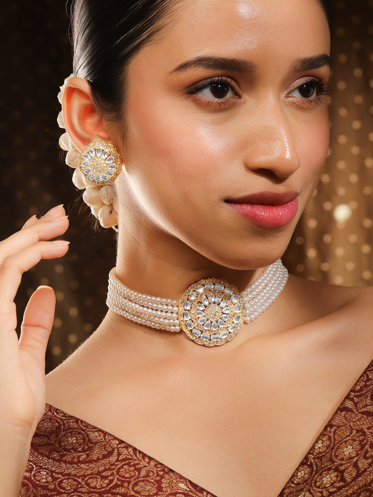 Rubans Gold Plated Elegant Kundan Choker Set With White Beads. Gold