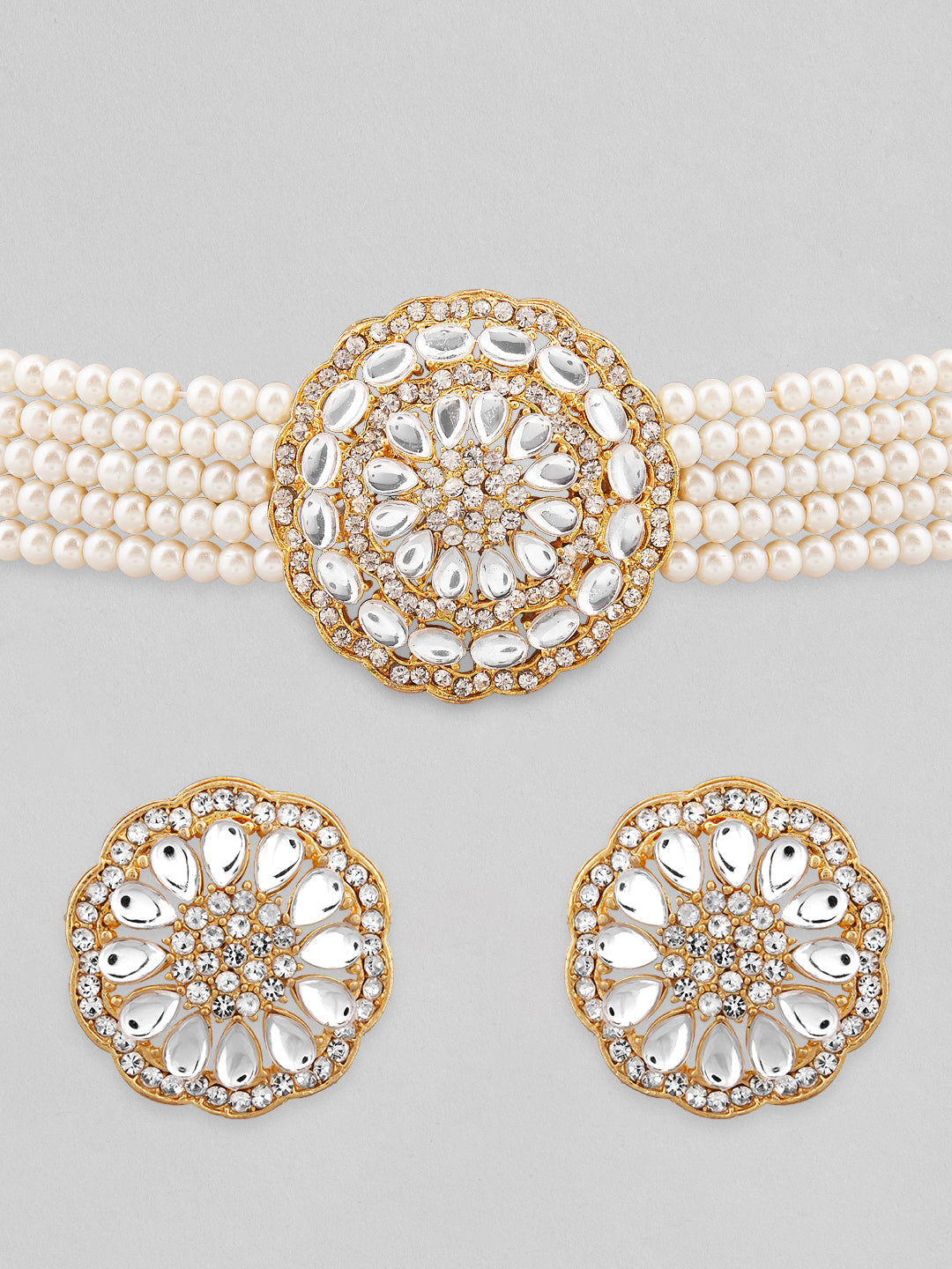 Rubans Gold Plated Elegant Kundan Choker Set With White Beads. Gold