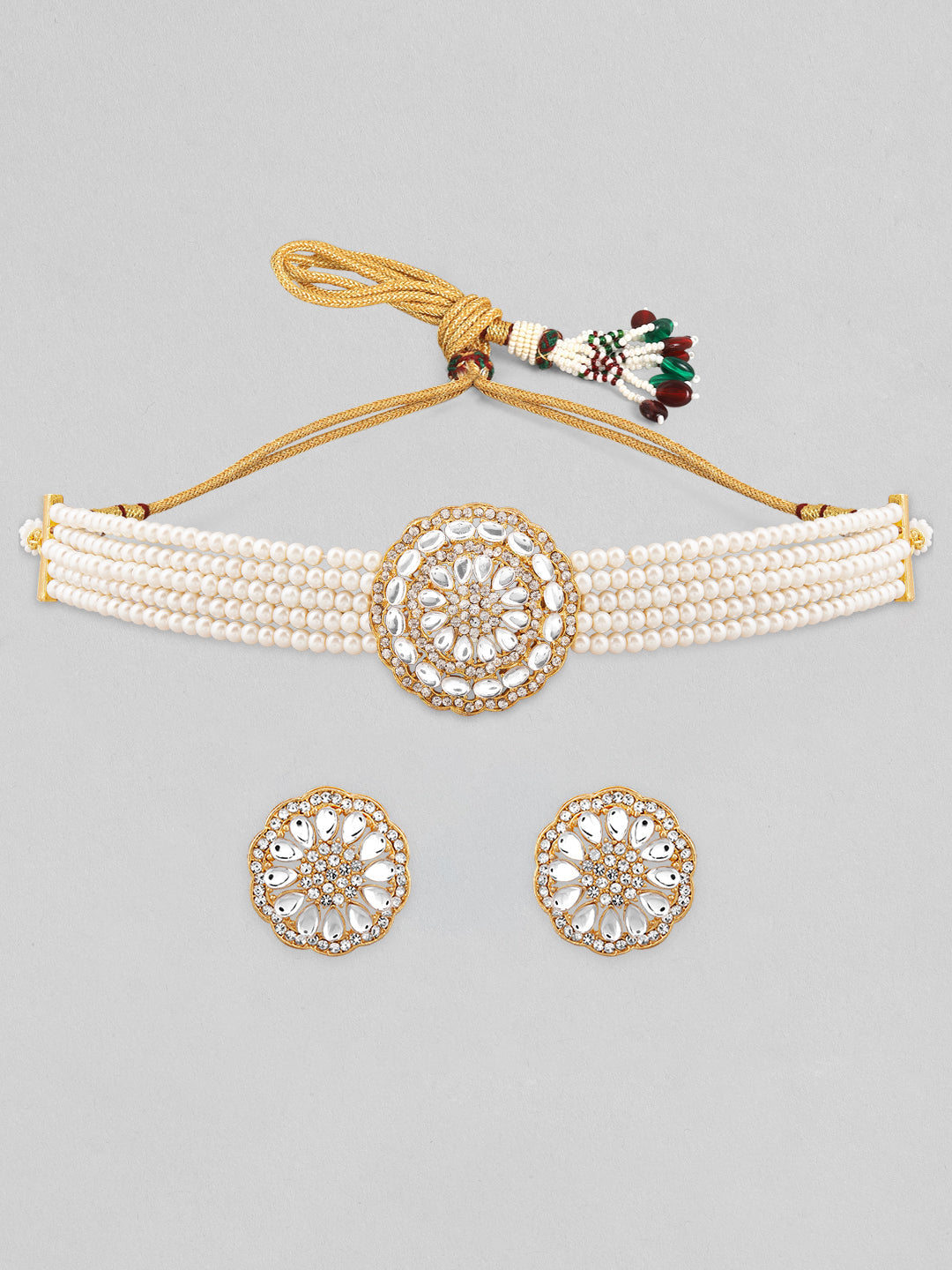 Rubans Gold Plated Elegant Kundan Choker Set With White Beads. Gold