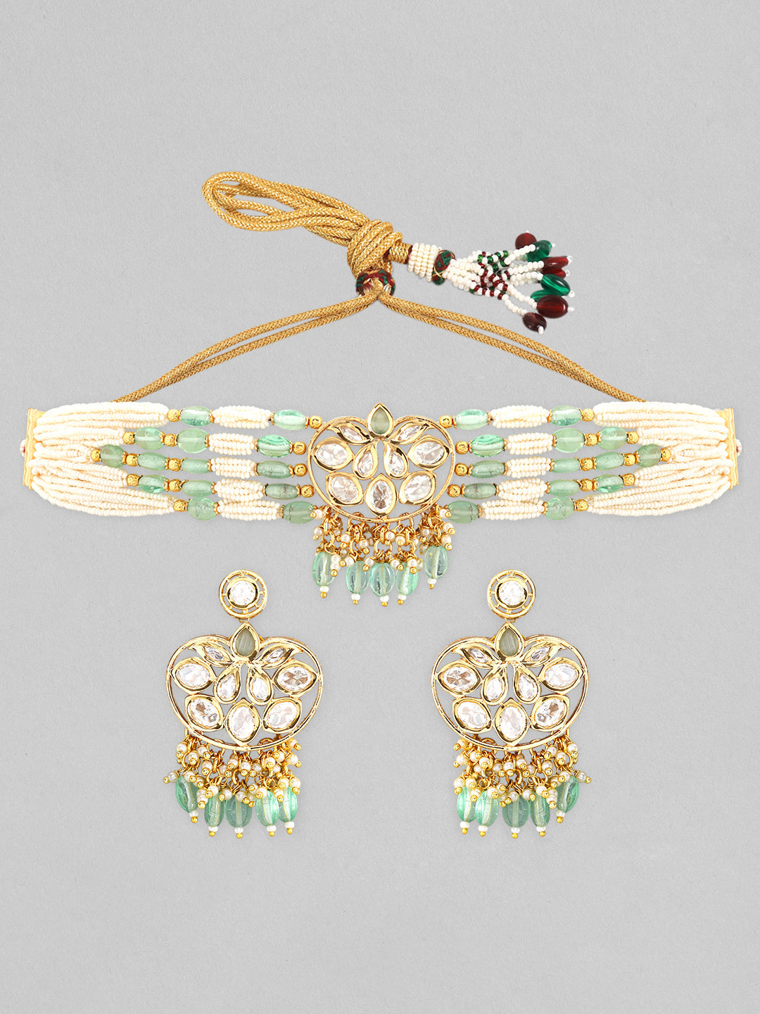 【Rubans】 Gold Plated Kundan Choker Set with White and Mint Green Beads｜ゴールドメッキ クンダン ホワイト＆ミントグリーンビーズ チョーカーセット
