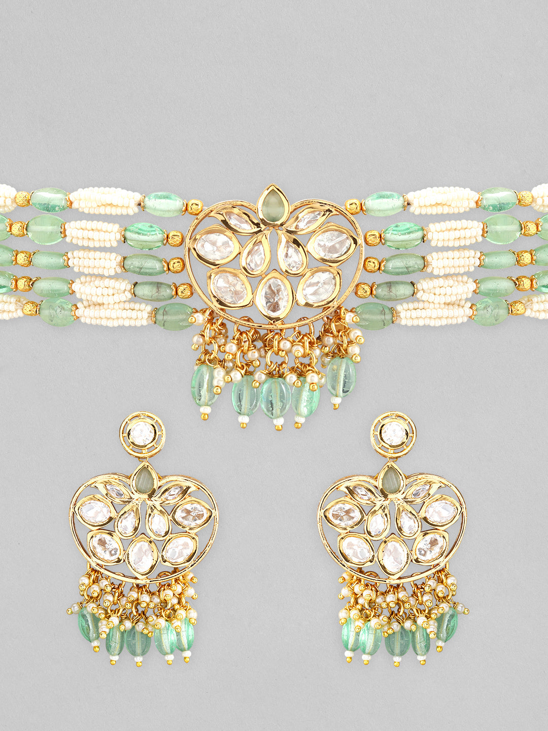 【Rubans】 Gold Plated Kundan Choker Set with White and Mint Green Beads｜ゴールドメッキ クンダン ホワイト＆ミントグリーンビーズ チョーカーセット