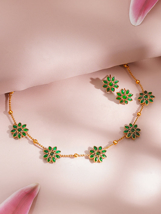 【Rubans】 Gold-Plated Emerald Floral Jewellery Set｜ゴールドメッキ エメラルドカラー フローラル ジュエリーセット