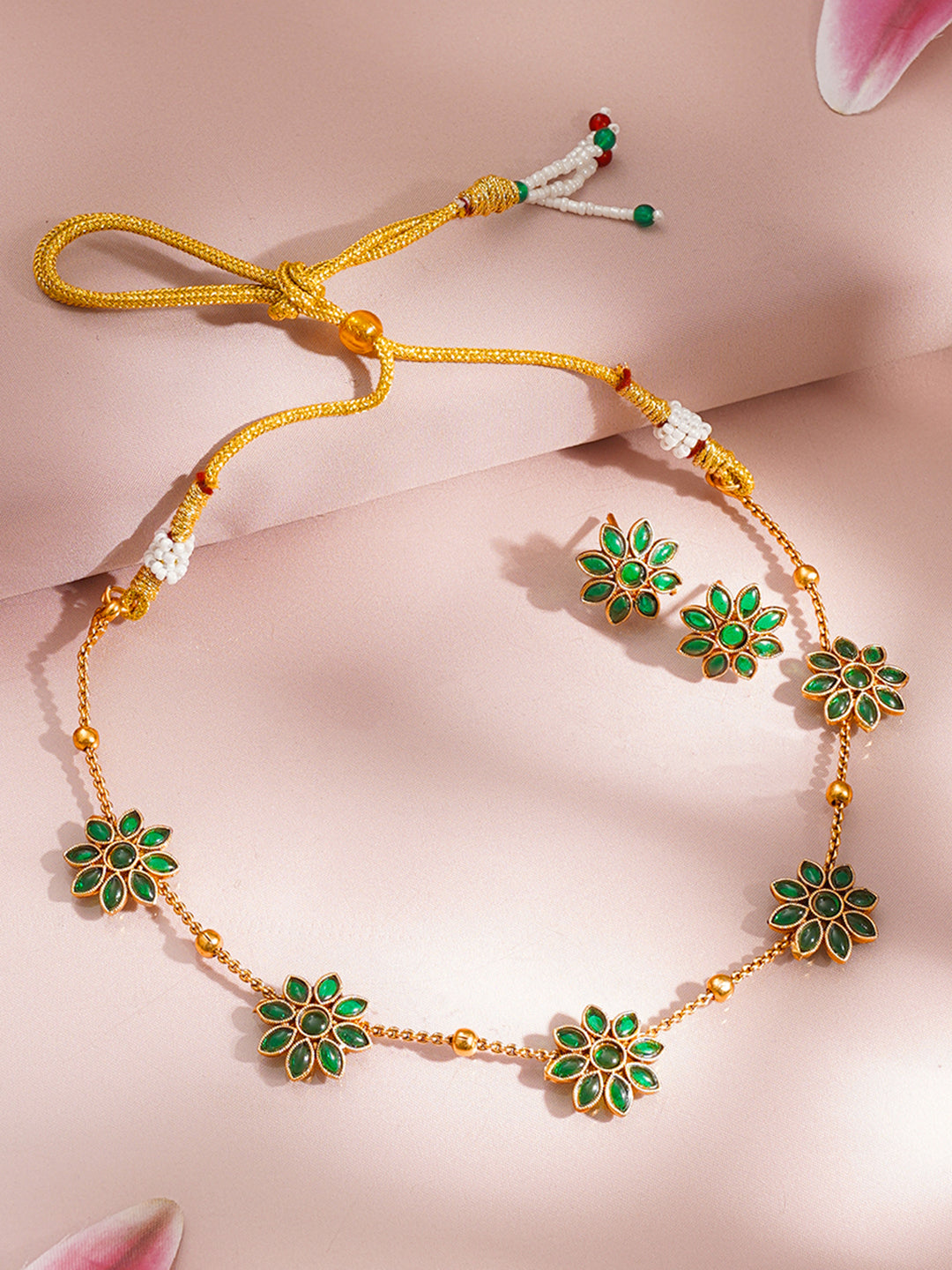【Rubans】 Gold-Plated Emerald Floral Jewellery Set｜ゴールドメッキ エメラルドカラー フローラル ジュエリーセット