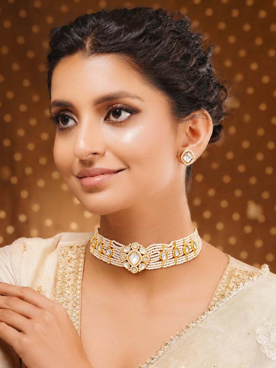 【Rubans】 Gold Plated Kundan Pearl Beaded Choker Necklace Set｜ゴールドメッキ クンダン パールビーズ チョーカーネックレスセット