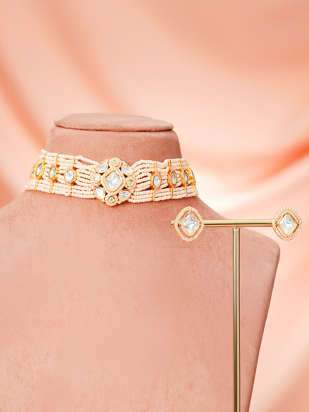 【Rubans】 Gold Plated Kundan Pearl Beaded Choker Necklace Set｜ゴールドメッキ クンダン パールビーズ チョーカーネックレスセット