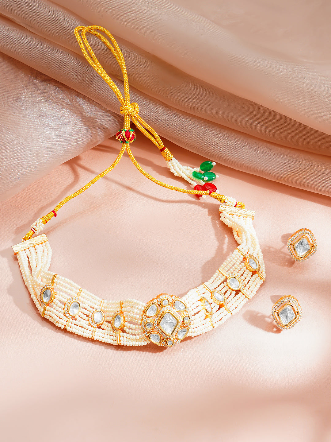 【Rubans】 Gold Plated Kundan Pearl Beaded Choker Necklace Set｜ゴールドメッキ クンダン パールビーズ チョーカーネックレスセット