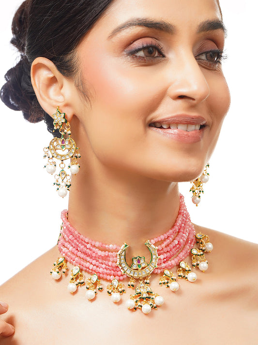 【Rubans】Gold Plated Crescent Meenakari Kundan Beaded Choker Set｜ゴールドメッキ クレセント ミーナカリ クンダン ビーズ チョーカーセット