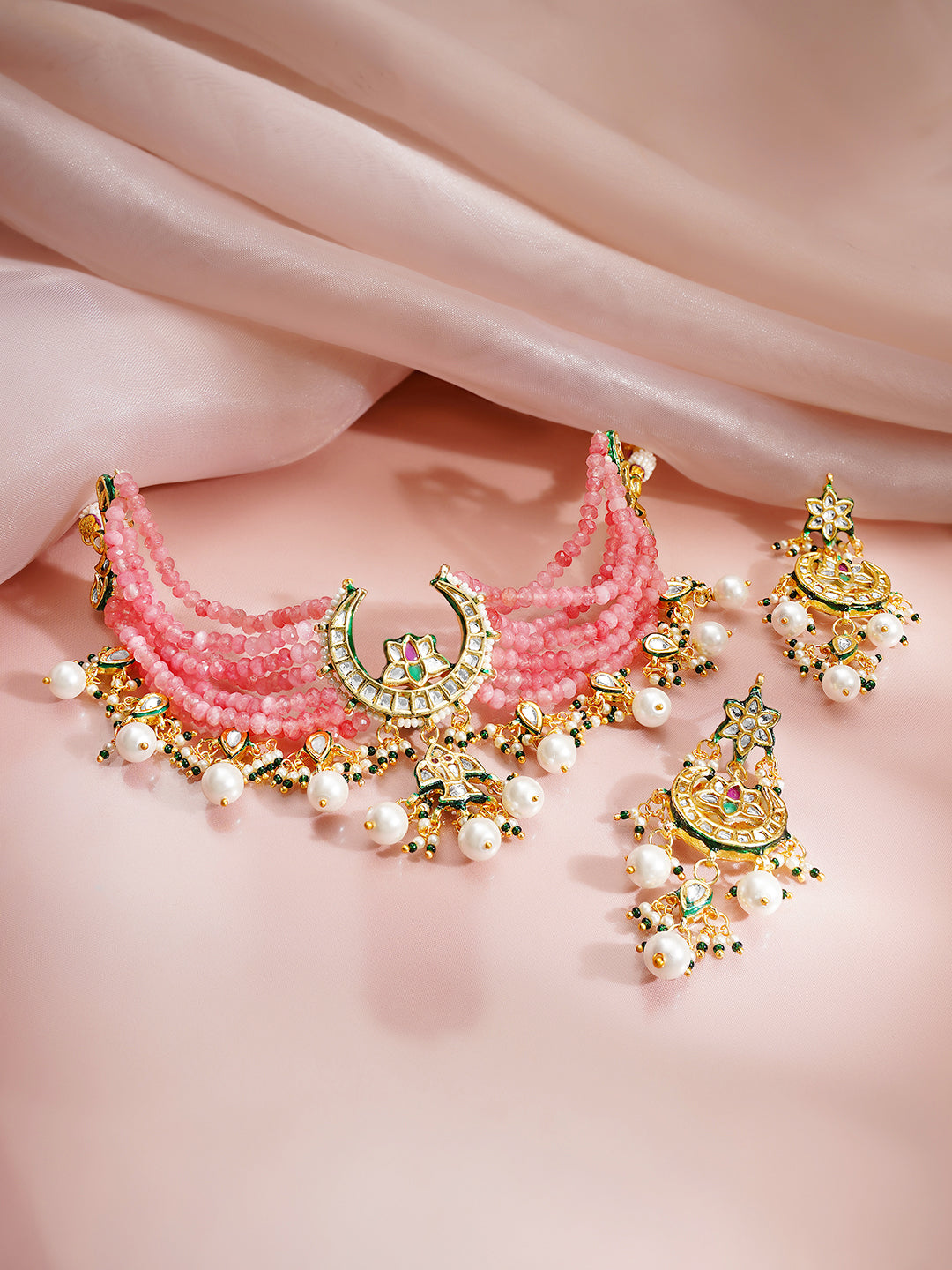 【Rubans】Gold Plated Crescent Meenakari Kundan Beaded Choker Set｜ゴールドメッキ クレセント ミーナカリ クンダン ビーズ チョーカーセット