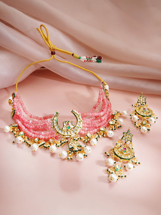 【Rubans】Gold Plated Crescent Meenakari Kundan Beaded Choker Set｜ゴールドメッキ クレセント ミーナカリ クンダン ビーズ チョーカーセット