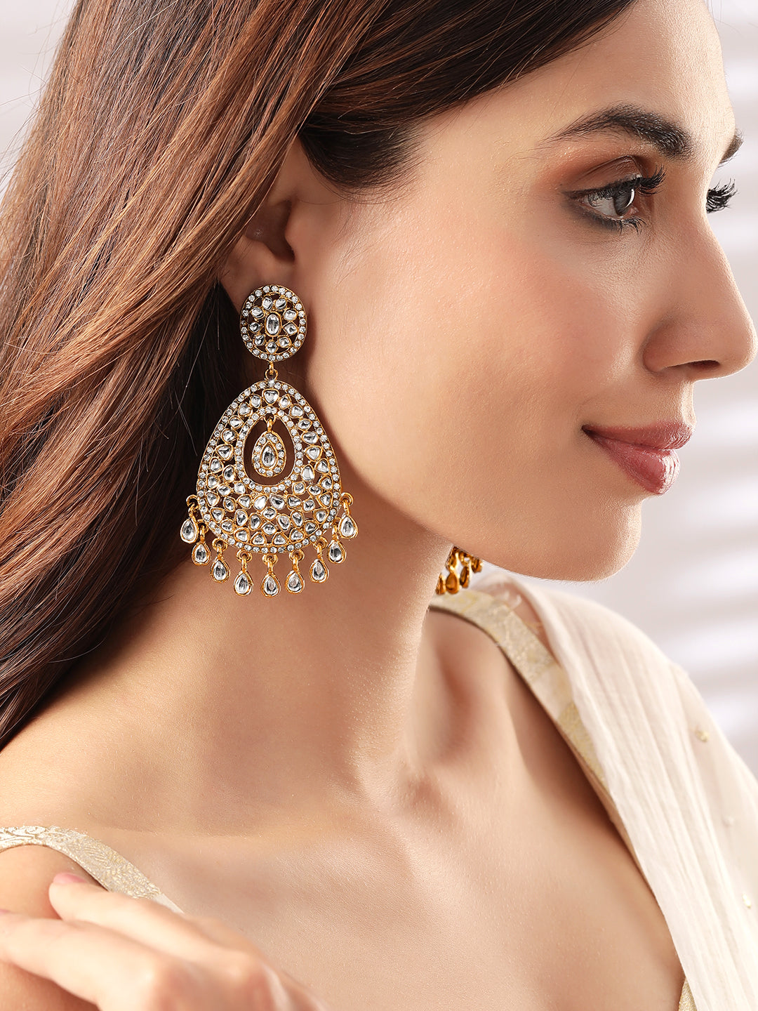 Rubans 22K Gold-Plated Kundan Studded Handcrafted Chandelier Earrings with Kundan Droplets Gold