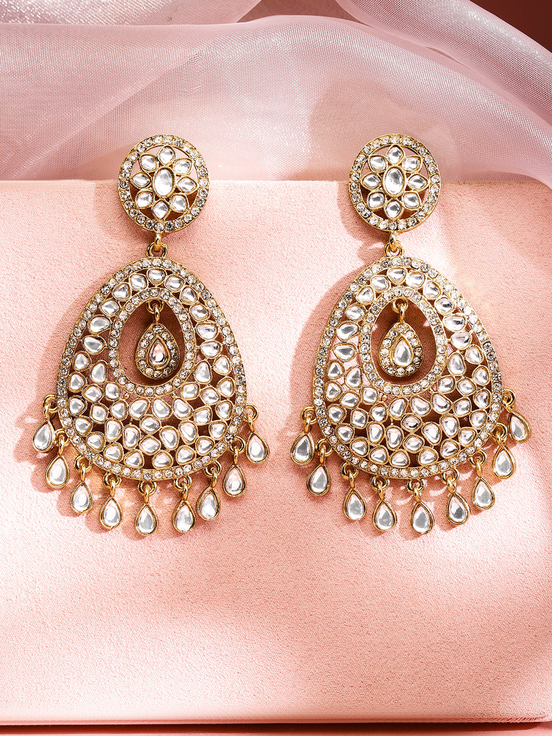 Rubans 22K Gold-Plated Kundan Studded Handcrafted Chandelier Earrings with Kundan Droplets Gold