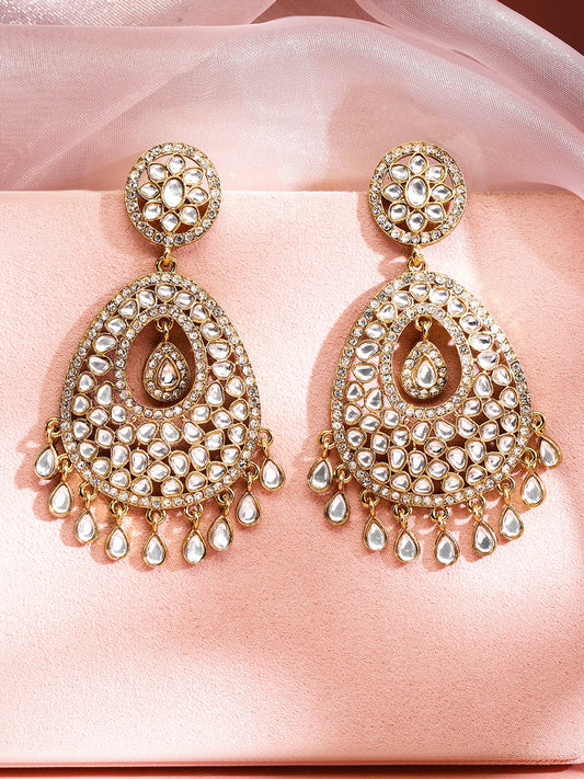 Rubans 22K Gold-Plated Kundan Studded Handcrafted Chandelier Earrings with Kundan Droplets Gold