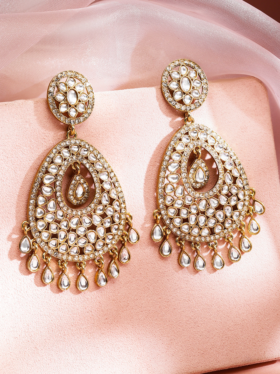 Rubans 22K Gold-Plated Kundan Studded Handcrafted Chandelier Earrings with Kundan Droplets Gold