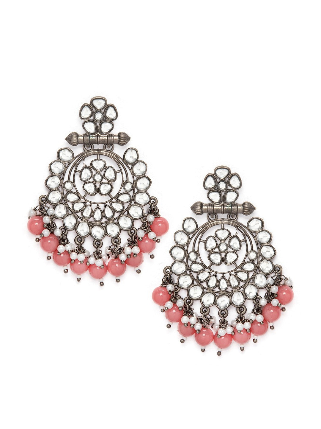 Rubans Black Metal Kundan Statement Chandbali Earrings Pink